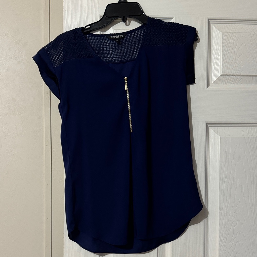 Express Dark Blue Women's Blouse with Gold Accent